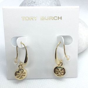 NWOT Tory Burch Gold French Wire Drop Logo Earrings